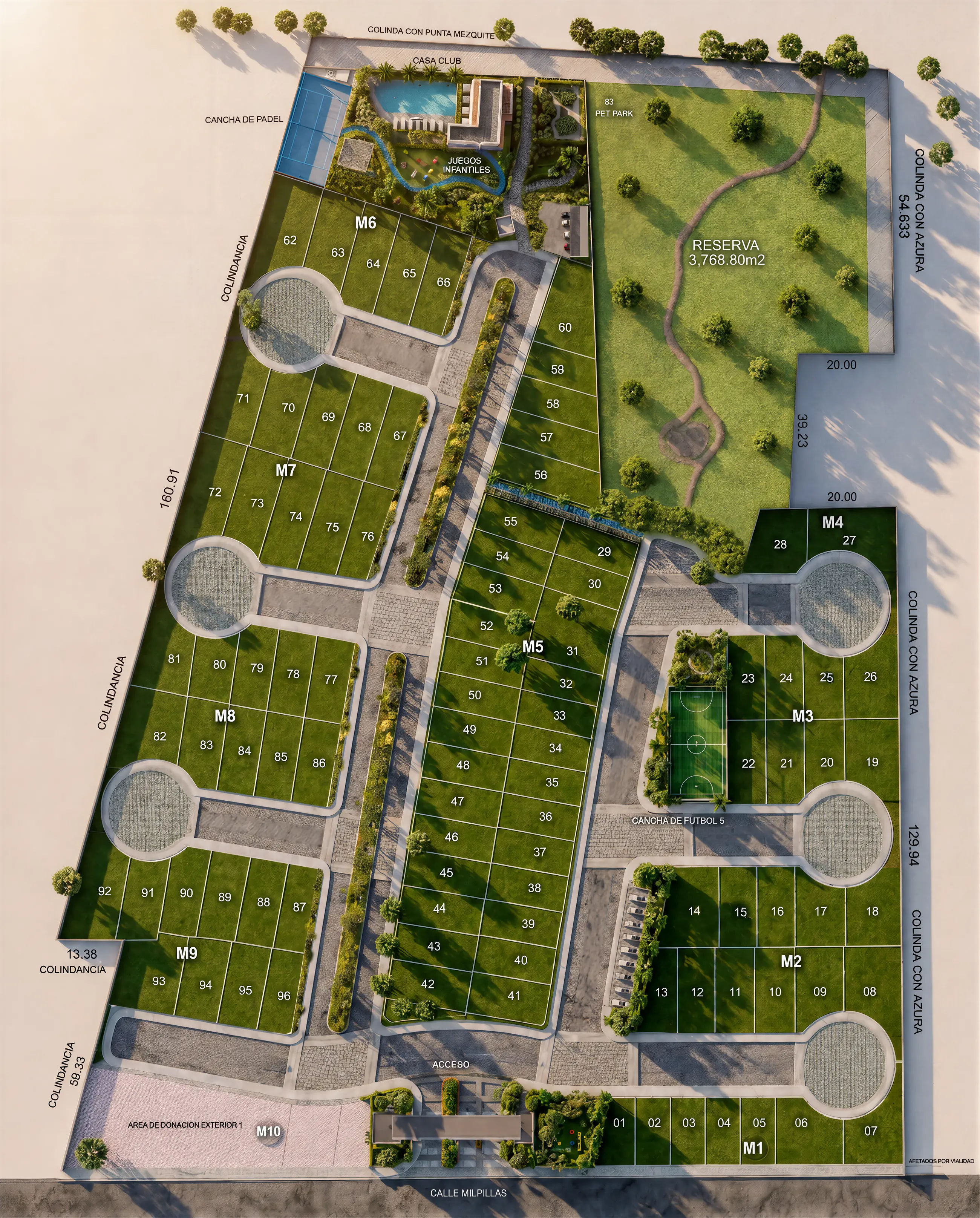 Masterplan de Amara Residencial con manzanas, casas numeradas, casa club, alberca, Kids Zone, pet park, canchas y área de reserva