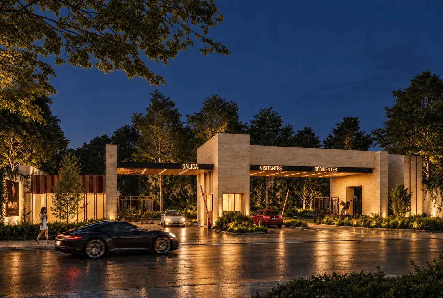 Acceso de Amara Residencial iluminado de noche
